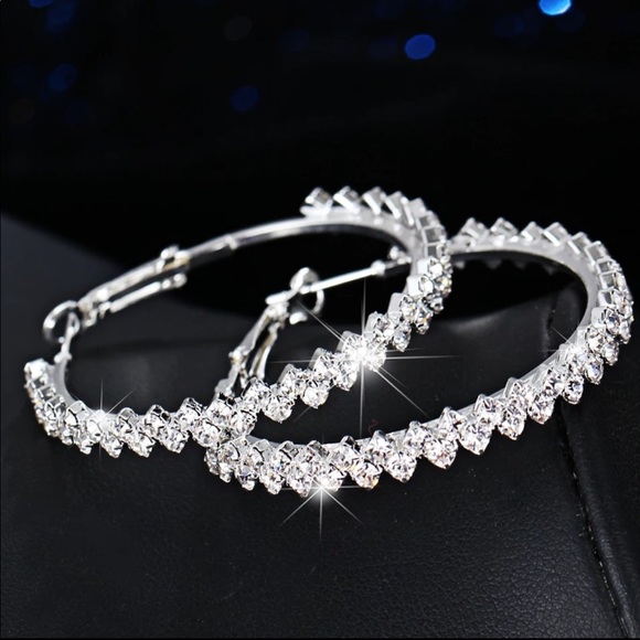 NEW LUXURY DIAMOND STERLING SILVER HOOP EARRINGS - Picture 6 of 6